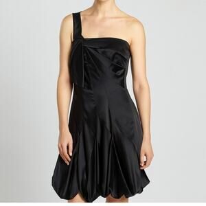 Karen Millen Black Silk One Shoulder Pleated Handkerchief Hem Cocktail Dress